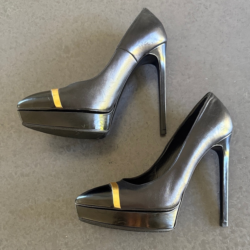 💯 AUTHENTIC Saint Laurent Black Platform Heels with Gold Trim Black Size 38.5 - Picture 6 of 12